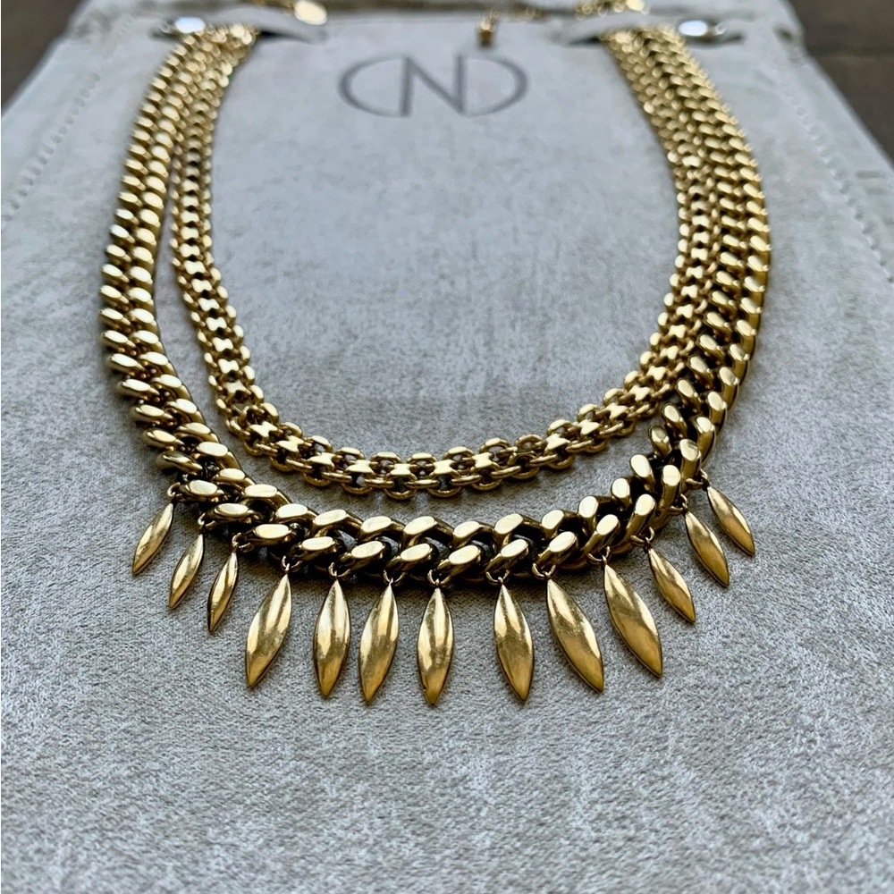 Gold Double-Layered Statement Necklace with Fringe